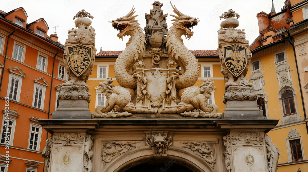 Obraz premium Stone Dragon Archway: Architectural Illustration
