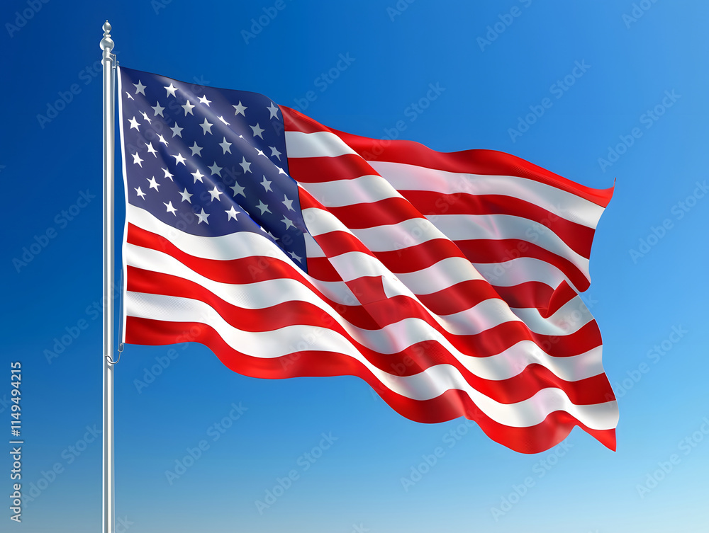 Fototapeta premium Close-up of the American flag waving on a pole against clear blue sky