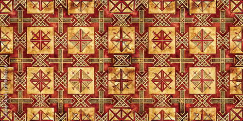 A vibrant and intricate fabric design featuring geometric patterns in warm tones of red and gold.