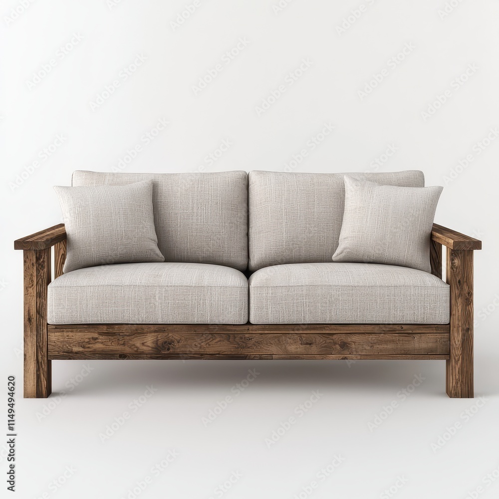 Fototapeta premium Stylish Grey Sofa with Wooden Frame in Minimalist Living Room