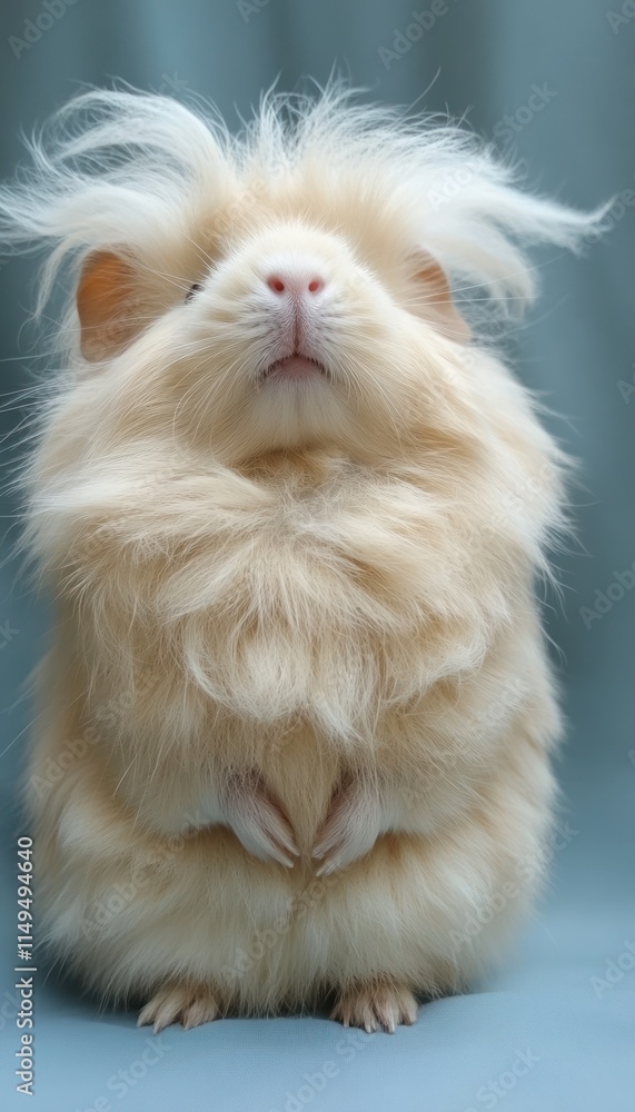 A fluffy cream-colored guinea pig with a unique hairstyle, standing upright against a soft backdrop. A fluffy cream-colored guinea pig with a unique hairstyle, standing upright against a soft backdrop.