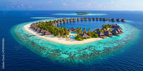 Aerial photo of tropical Maldives beach on island. Aerial photo of beautiful paradise Maldives tropical beach on island. Summer and travel vacation concept