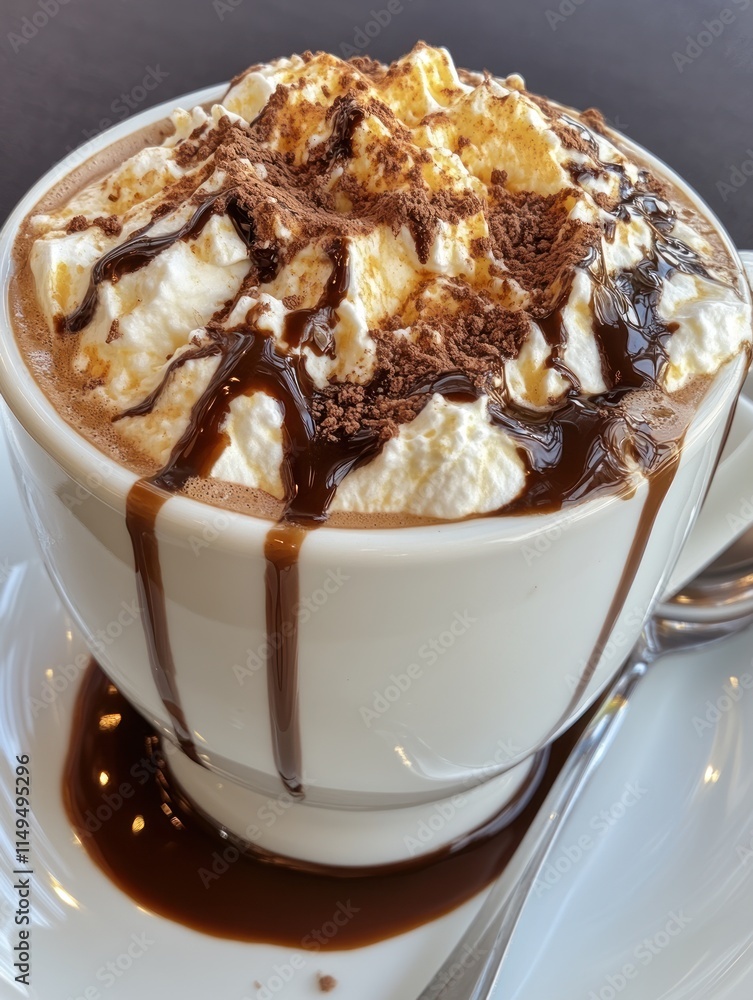 A delicious hot beverage topped with whipped cream, chocolate syrup, and cocoa. A delicious hot beverage topped with whipped cream, chocolate syrup, and cocoa.