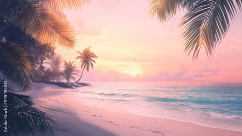 Serene Sunrise Tropical Beach: Palm Trees, Pink Sky, Ocean Waves
