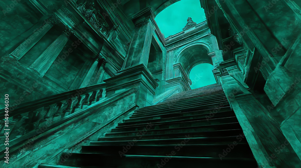 Grand Staircase: Teal Architectural Blueprint, Surreal Perspective Grand Staircase: Teal Architectural Blueprint, Surreal Perspective