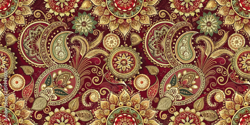 Intricate paisley patterns in rich reds and golds complement the ornate floral elements, creating a vibrant textile design.