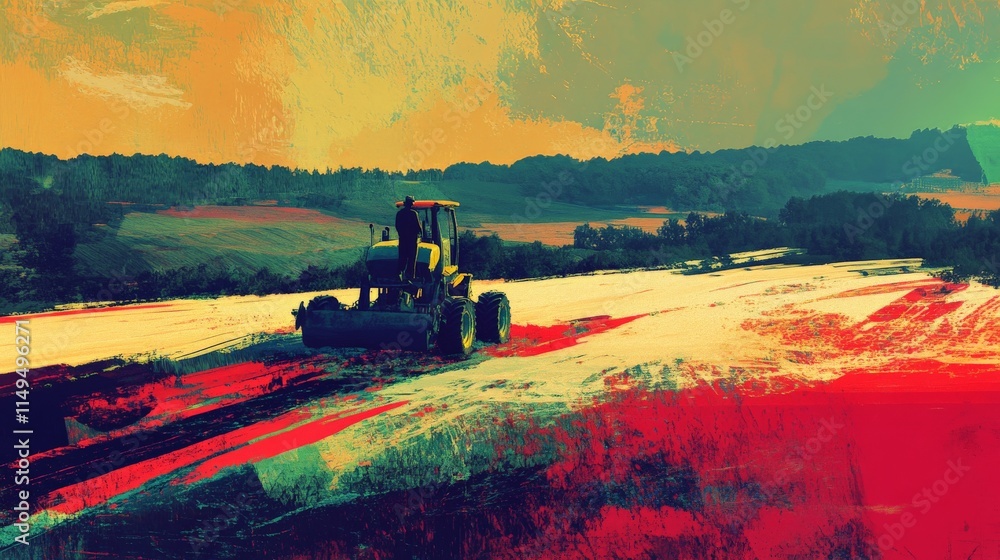 Fototapeta premium Modern Farmer Using Machinery in Colorful Agricultural Field
