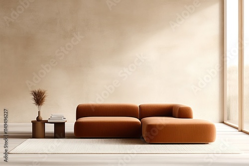 Modern Living Room with Terra Cotta Corner Sofa and Beige Stucco Walls: Minimalist Interior Design