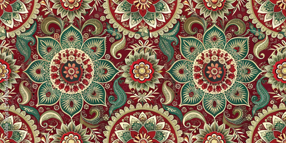 Intricate floral pattern featuring rich reds and greens, ideal for textile or wallpaper designs. Intricate floral pattern featuring rich reds and greens, ideal for textile or wallpaper designs.