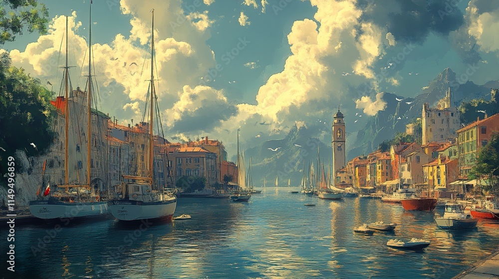 Fototapeta premium Mediterranean Coastal Town Harbor, Sailboats and Scenic Landscape