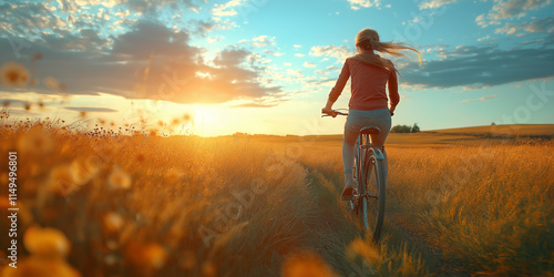 Person Cycling Through a Golden Field at Sunset