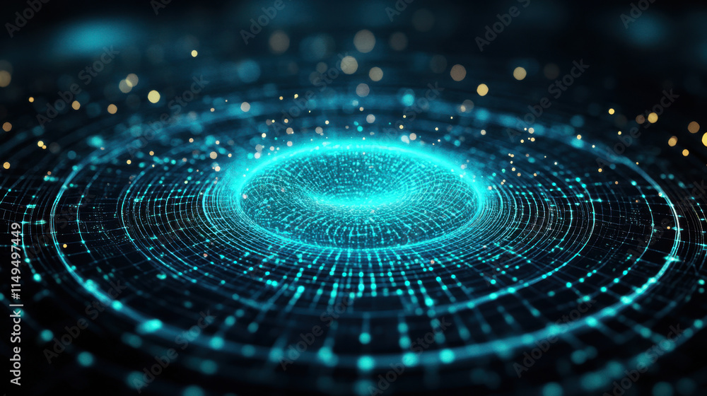 Quantum, Digital abstract design featuring glowing blue circles and particles, creating a dynamic and futuristic visual effect against a dark background. Quantum, Digital abstract design featuring glowing blue circles and particles, creating a dynamic and futuristic visual effect against a dark background.