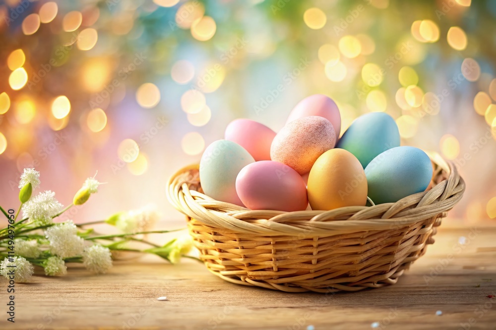 Pastel Easter Eggs in Wicker Basket - Spring Holiday Bokeh Background Pastel Easter Eggs in Wicker Basket - Spring Holiday Bokeh Background