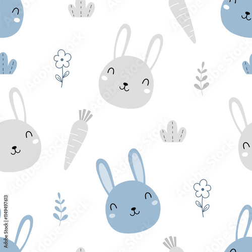 Seamless pattern with cute rabbit , carrot and flower on white background for your fabric, children textile, nursery decoration, gift wrap paper, kids bedding.	