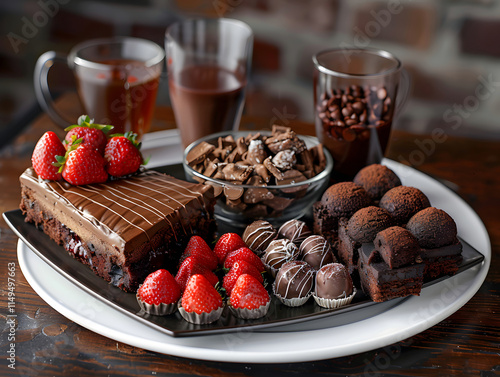 Chocolate and strawberry dessert platter with a variety of sweets photo