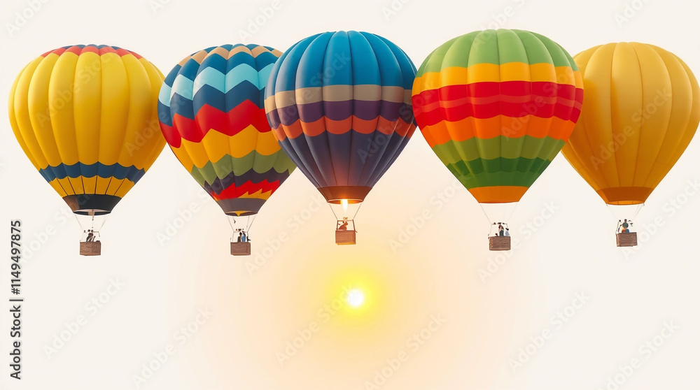 Fototapeta premium Collection set photo of six colorful different air balloons in a row isolated on transparent background, birthday party invitation or festive event décor
