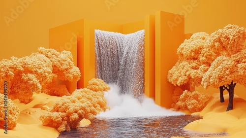 Vibrant artificial landscape with a waterfall and trees created in vivid orange tones photo