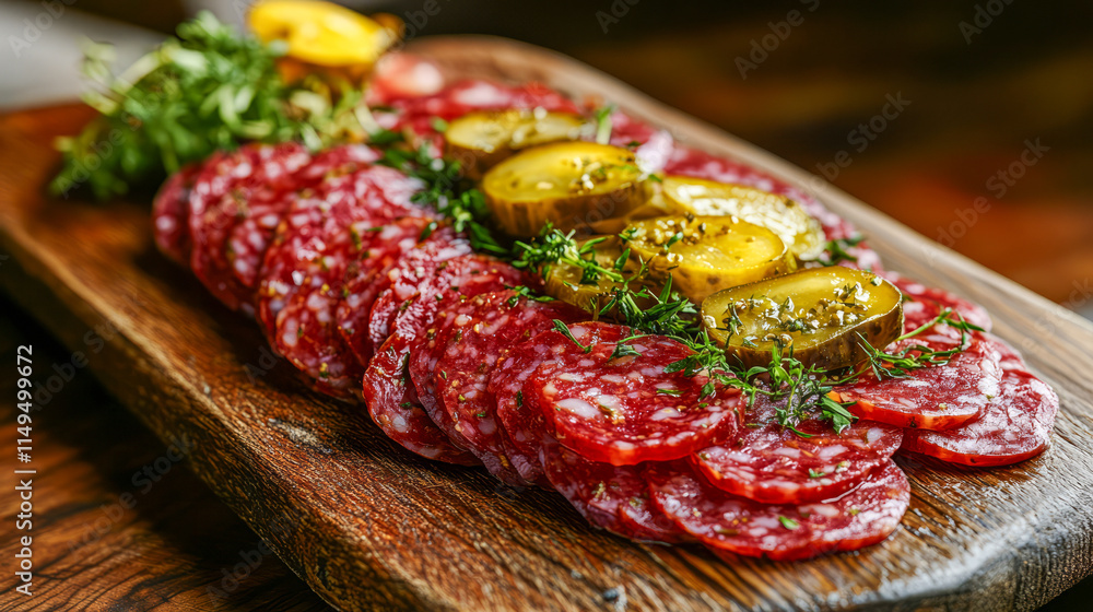 Gourmet charcuterie board with salami, pickles, and fresh herbs Gourmet charcuterie board with salami, pickles, and fresh herbs