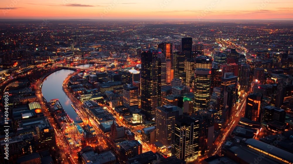 Fototapeta premium Aerial Night View of Vibrant Cityscape with Lights