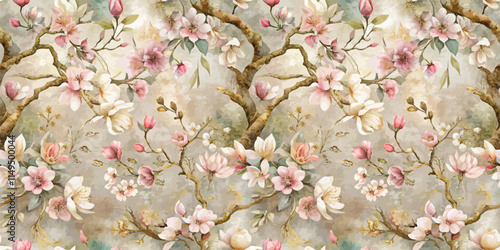 A beautiful floral pattern featuring delicate pink and white blossoms on intricate branches.