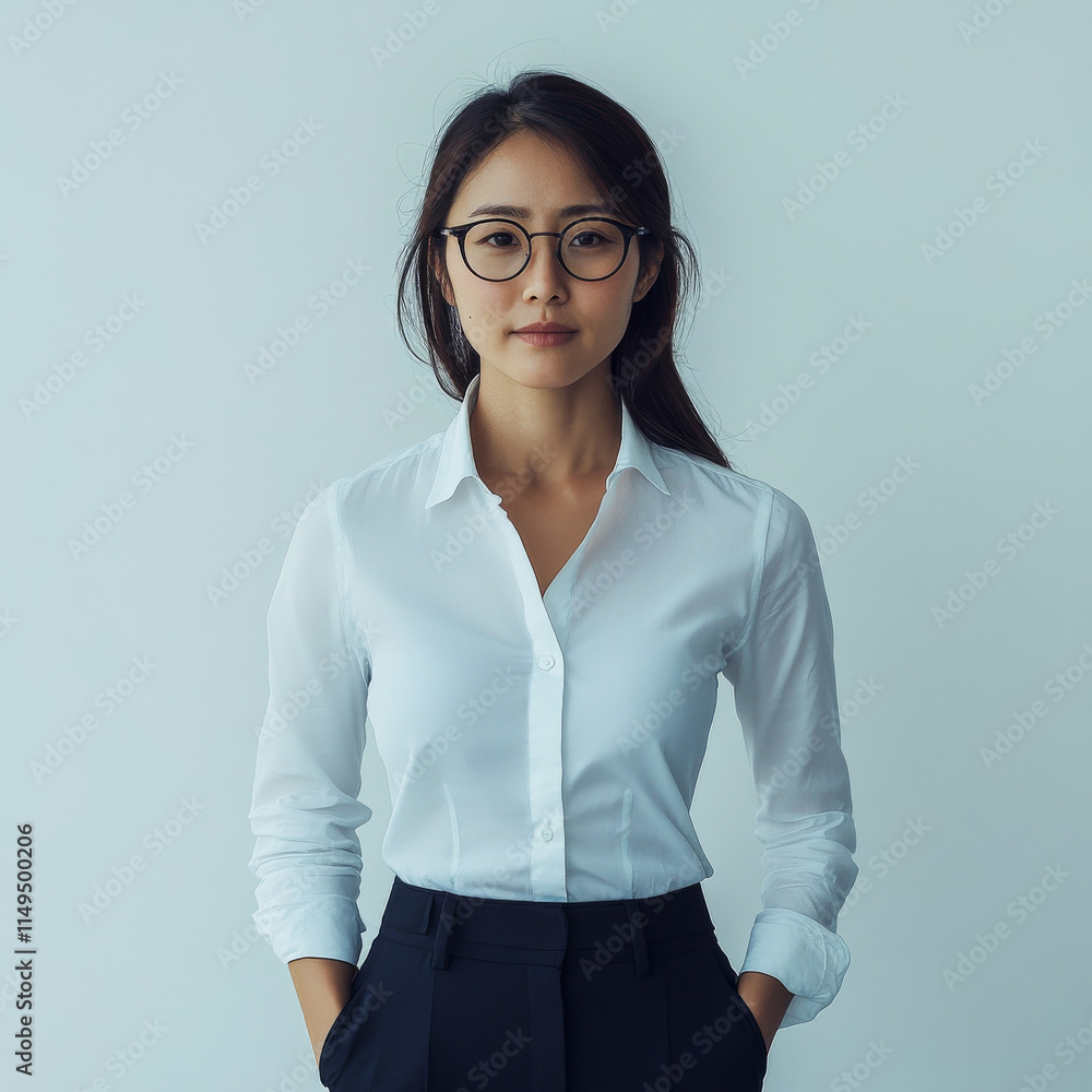 Confident Businesswoman Portrait: White Shirt, Black Pants Confident Businesswoman Portrait: White Shirt, Black Pants