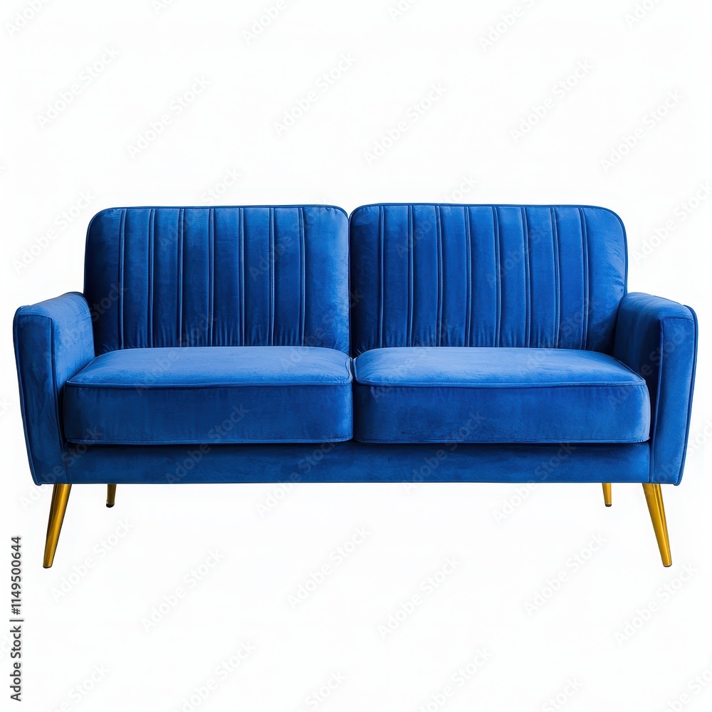 Fototapeta premium Stylish Blue Velvet Sofa with Wooden Legs for Modern Living Room