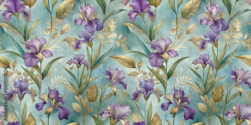 Vibrant floral pattern featuring lush purple irises against a serene blue background.
