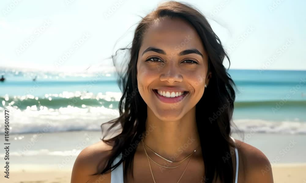 Portrait of young woman at sea looking at camera. Smiling latin hispanic girl standing at the beach with copy space and looking Portrait of young woman at sea looking at camera. Smiling latin hispanic girl standing at the beach with copy space and looking