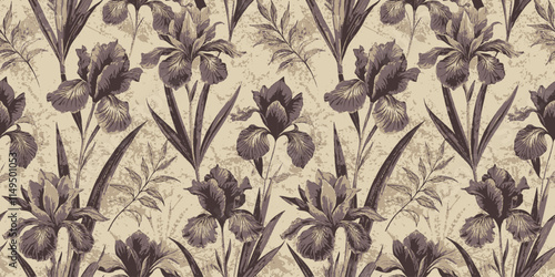 Elegant floral pattern featuring irises in muted shades of purple and beige.