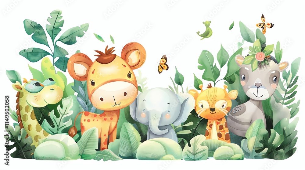 Naklejka premium A cartoon illustration of cute jungle animals.