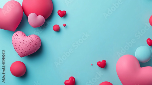 pastel pink and red heart themed Valentine Day banner on light blue background, featuring various sizes of hearts and spheres, creating playful and romantic atmosphere