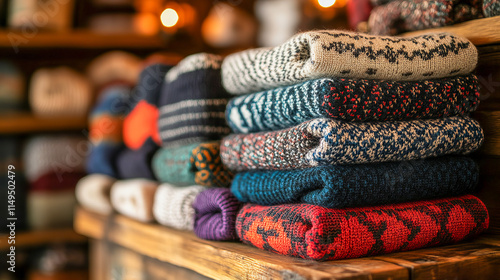 Cozy stacked knitted sweaters in warm tones on rustic wooden shelf photo