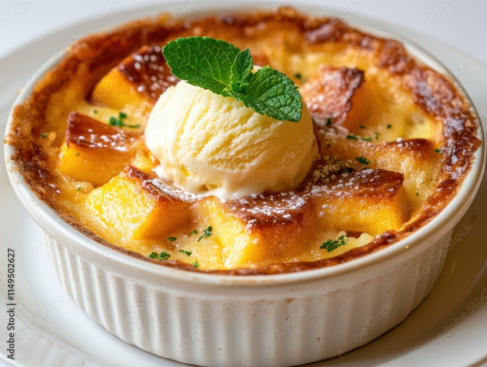 A delicious dessert featuring baked peaches, topped with vanilla ice cream and mint. A delicious dessert featuring baked peaches, topped with vanilla ice cream and mint.