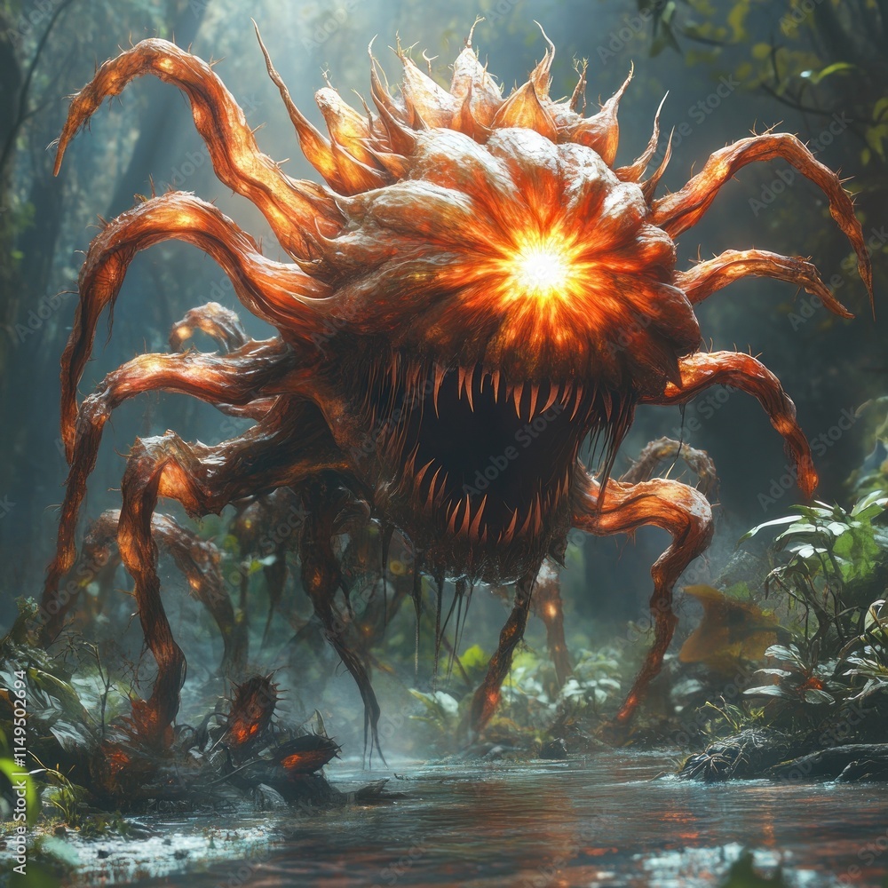 Fierce, glowing, orange monster creature, organic form, stands in a lush forest near a stream. Fierce, glowing, orange monster creature, organic form, stands in a lush forest near a stream.