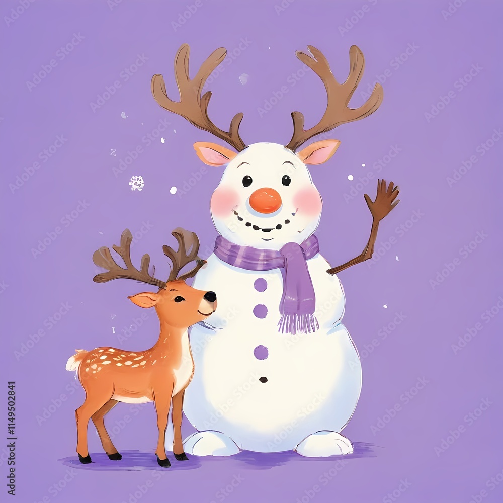 Snowy Scene: A Snowman and a Deer Together Snowy Scene: A Snowman and a Deer Together