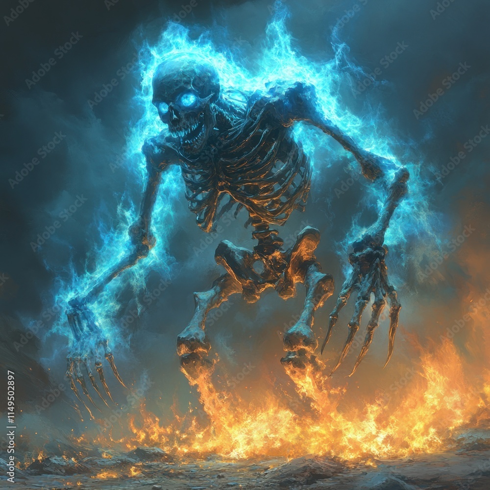 Fiery skeletal figure engulfed in blue flames, standing on burning ground. Fiery skeletal figure engulfed in blue flames, standing on burning ground.