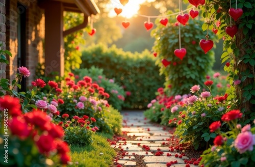 Wallpaper Mural garden with red flowers decorated with love symbols for valentine's day Torontodigital.ca