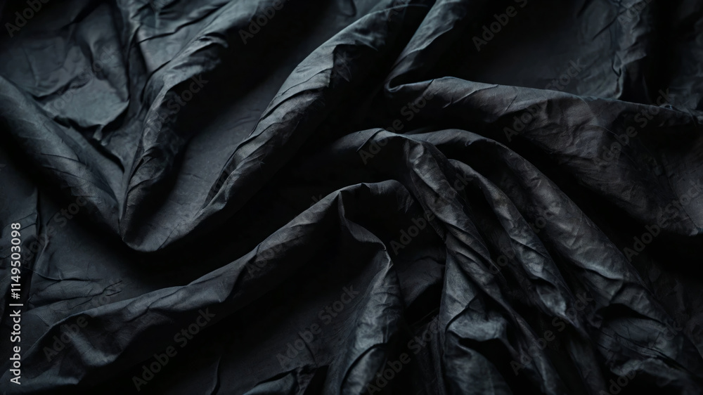 An abstract black background showing crumpled dark fabrics, providing a textured and moody aesthetic An abstract black background showing crumpled dark fabrics, providing a textured and moody aesthetic
