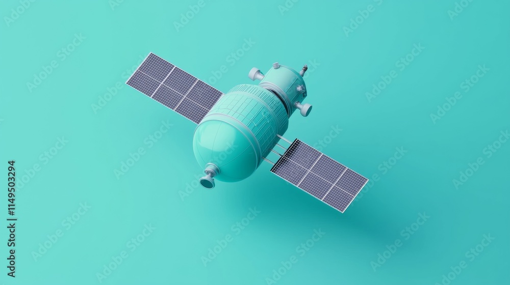 Obraz premium Unique turquoise satellite in orbit with solar panels reflecting bright light against a teal background