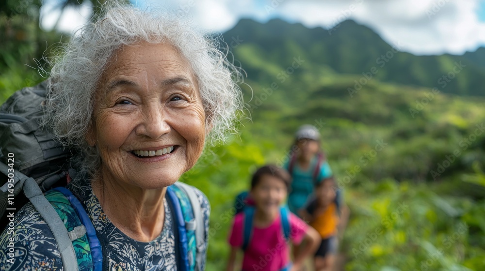 An elderly woman with a radiant smile hikes through vibrant greenery, surrounded by family. The stunning mountain backdrop highlights their joyful exploration on a sunny day An elderly woman with a radiant smile hikes through vibrant greenery, surrounded by family. The stunning mountain backdrop highlights their joyful exploration on a sunny day