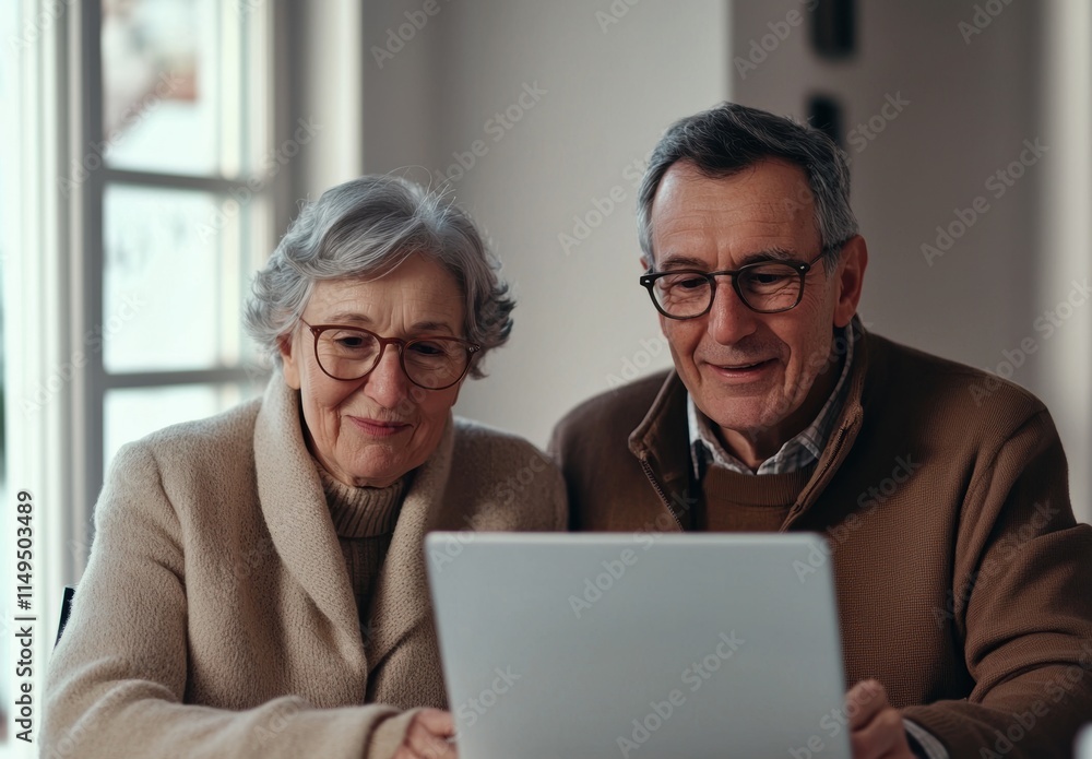 Happy seniors enjoying video call while using laptop at home Happy seniors enjoying video call while using laptop at home
