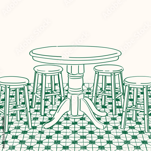 Nanyang Kopitiam Table and Chairs Doodle.