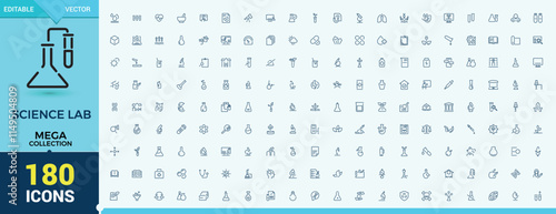 Science icon set. Lab icon mega set. Includes icons for discovery, formula, research, technology, tube, analysis and more. Pixel perfect. Vector icons editable stroke.