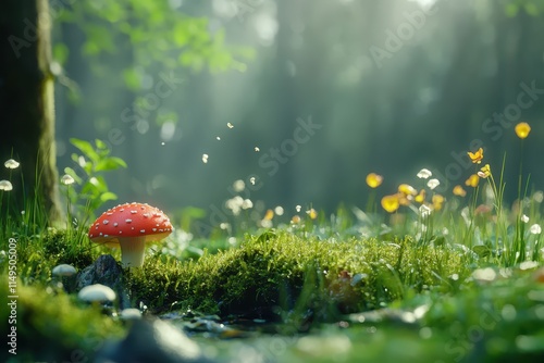 Fungi thriving in a serene wilderness, nestled among moss and surrounded by the soothing sounds of nature photo