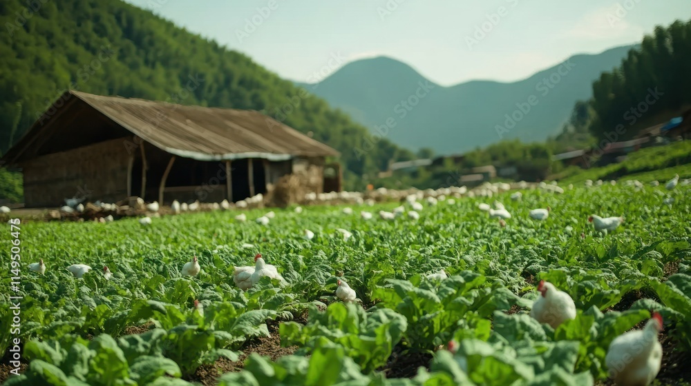 A serene rural scene featuring a farm with chickens and lush vegetable crops. A serene rural scene featuring a farm with chickens and lush vegetable crops.