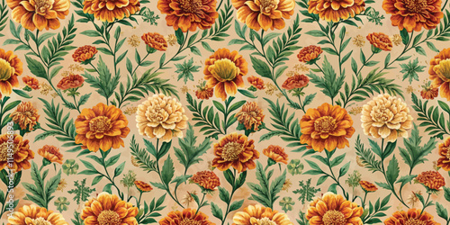 A vibrant floral pattern featuring yellow and orange marigolds on a soft green background.