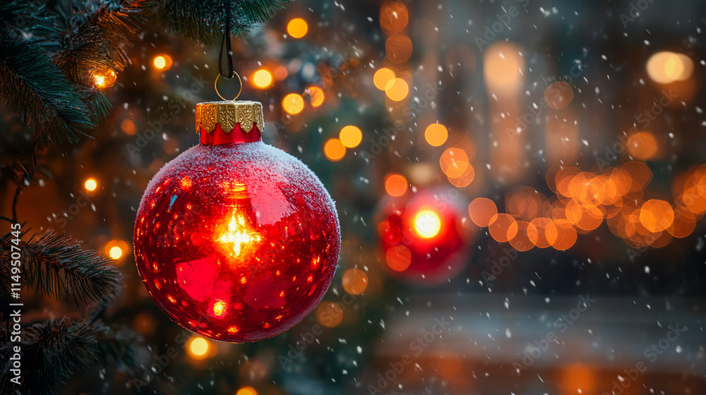 Sparkling red christmas ornament hanging on snowy tree branch