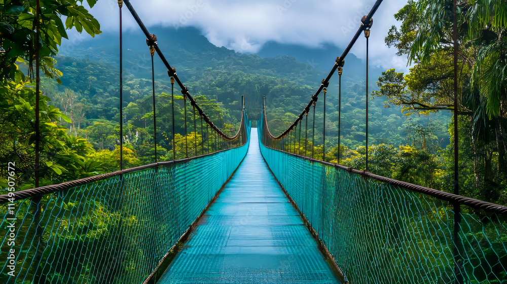 Fototapeta premium Scenic suspension bridge through lush greenery and misty mountains