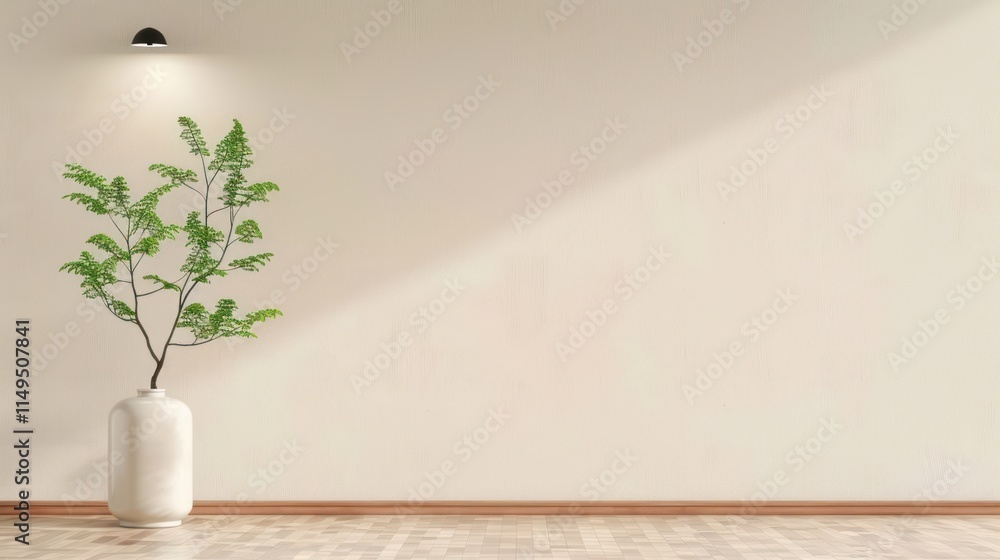 Fototapeta premium Beige Wall Interior with Green Branch Vase - 3D Rendered Background