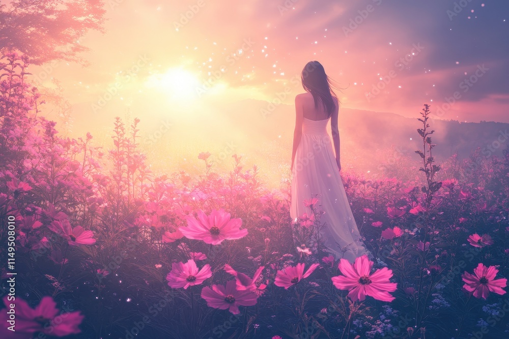 custom made wallpaper toronto digitalWoman in White Dress Walking Through a Magical Cosmos Flower Field at Sunrise